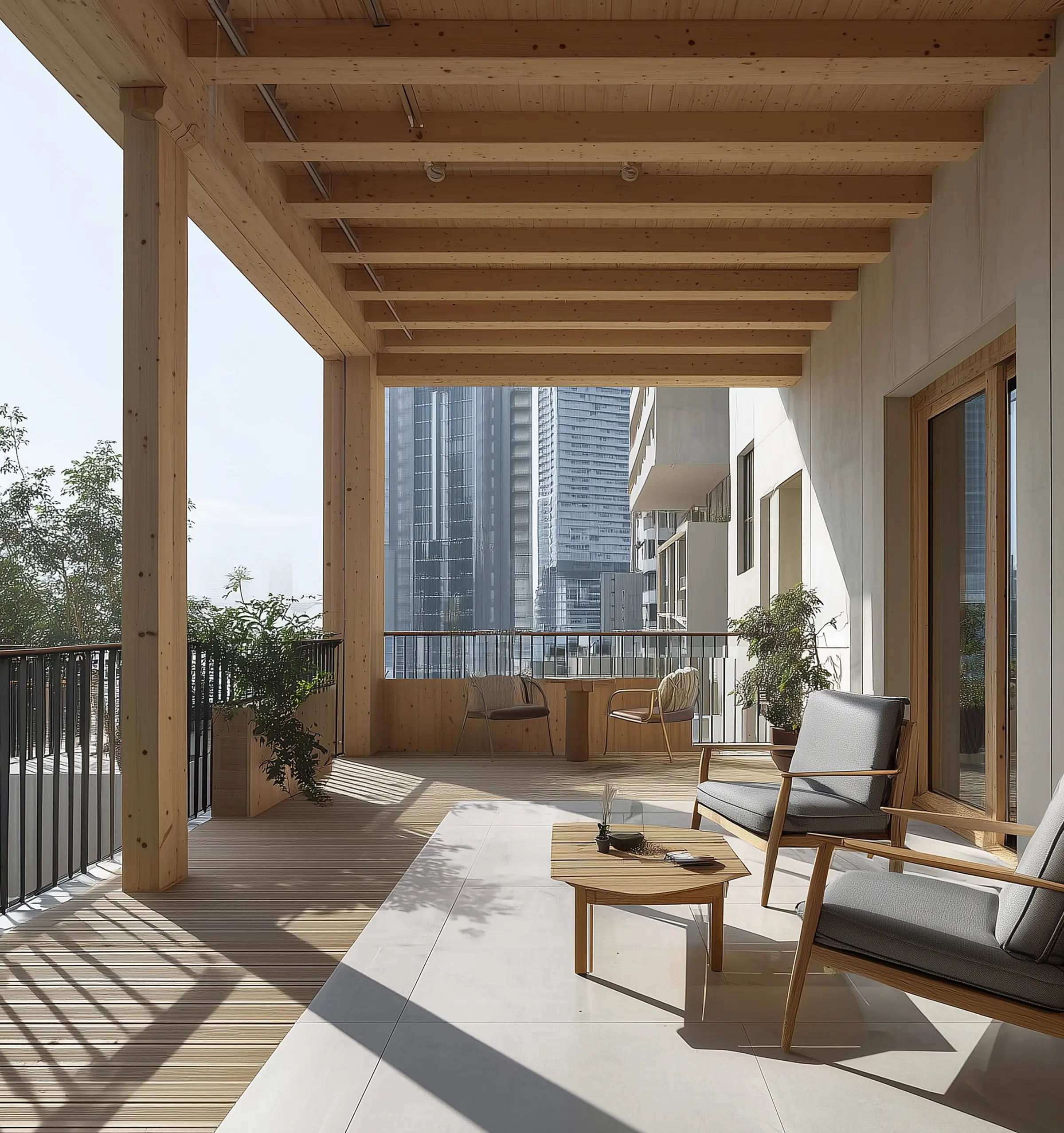 Clean and sunny private residential apartments with a wooden terrace